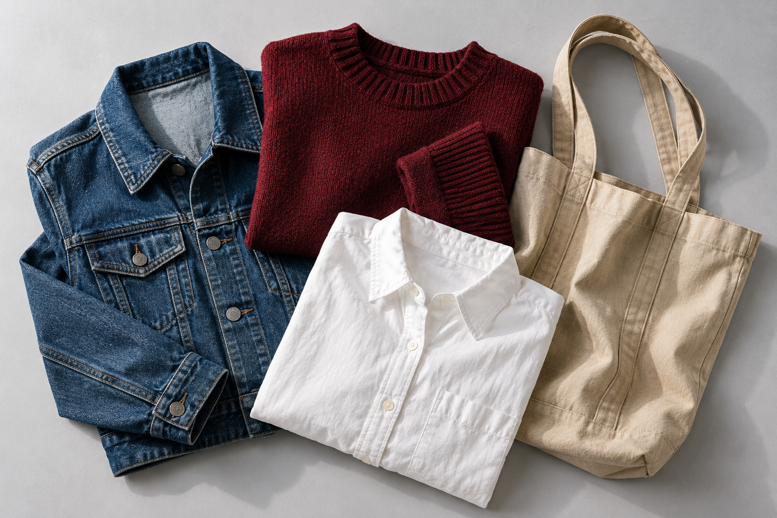 Illustrative flat lay of denim, a burgundy sweater, a white shirt and a canvas tote